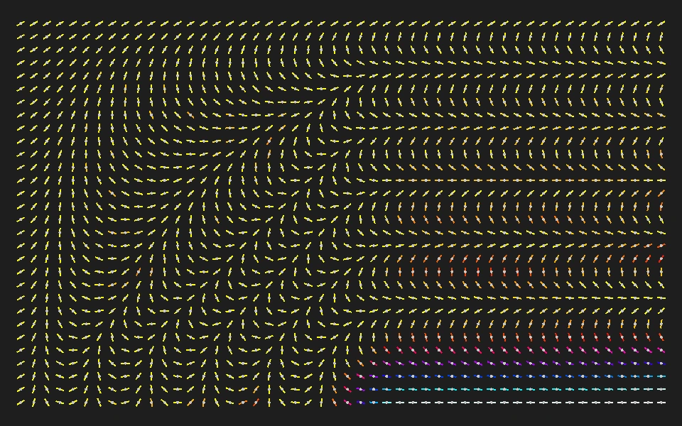 Magnetic needles forming curved patterns as rotating top and left borders drive the field.